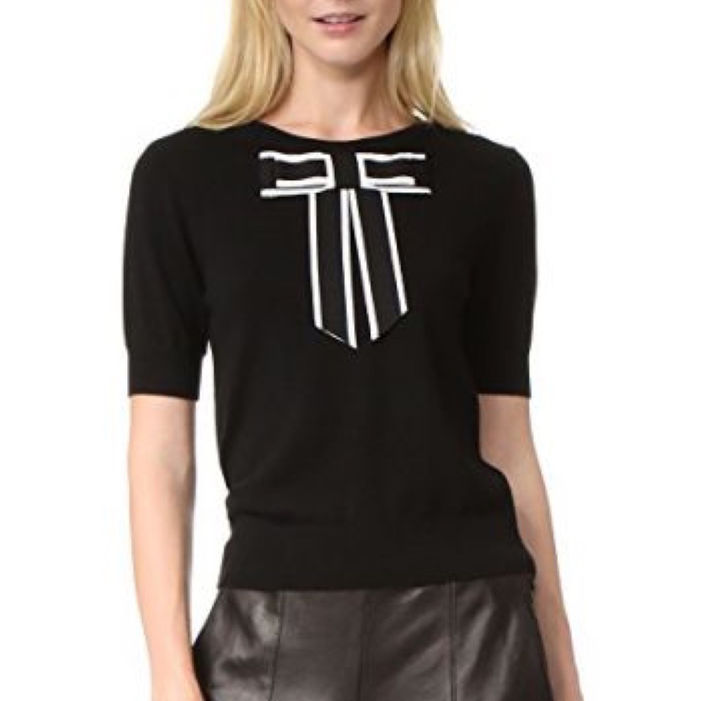 Alice + Olivia Black Short-Sleeve Crewneck Sweater with White Bow Accent